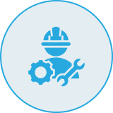 Worker icon with gear and wrench.