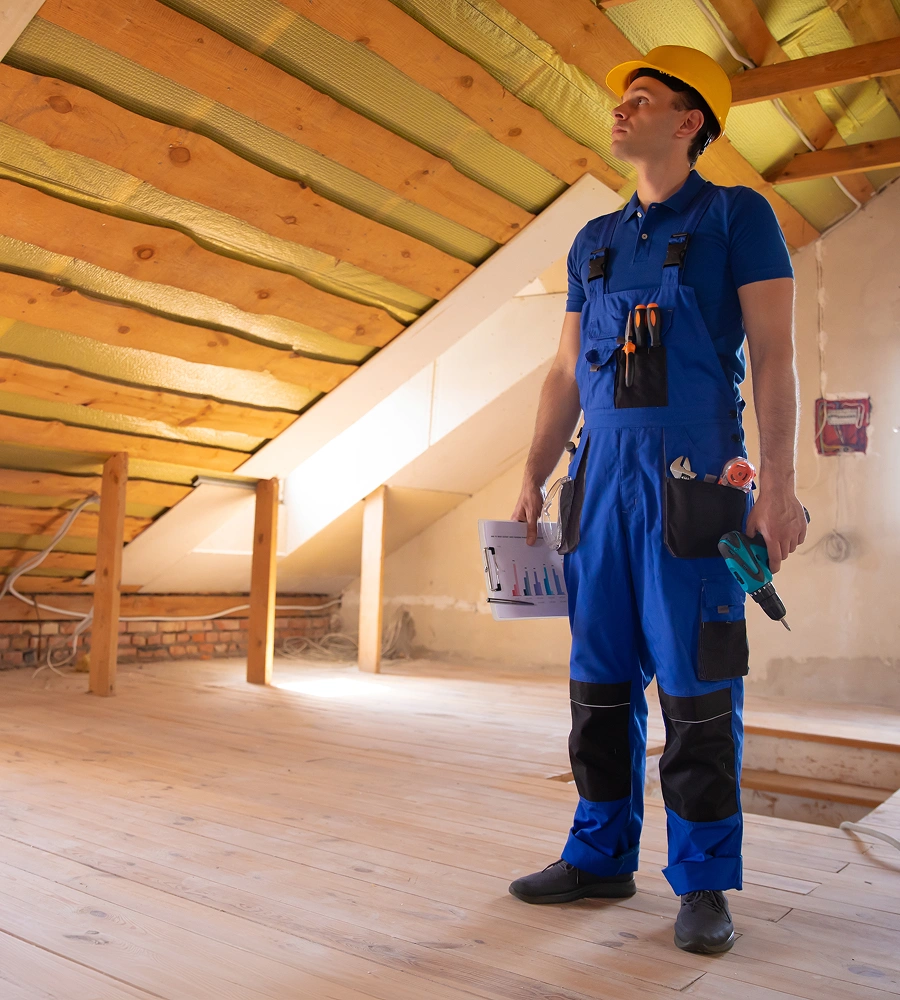 Worker inspecting attic space with tools.