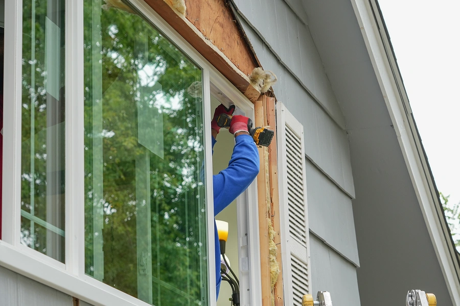 Person installing new window on house.