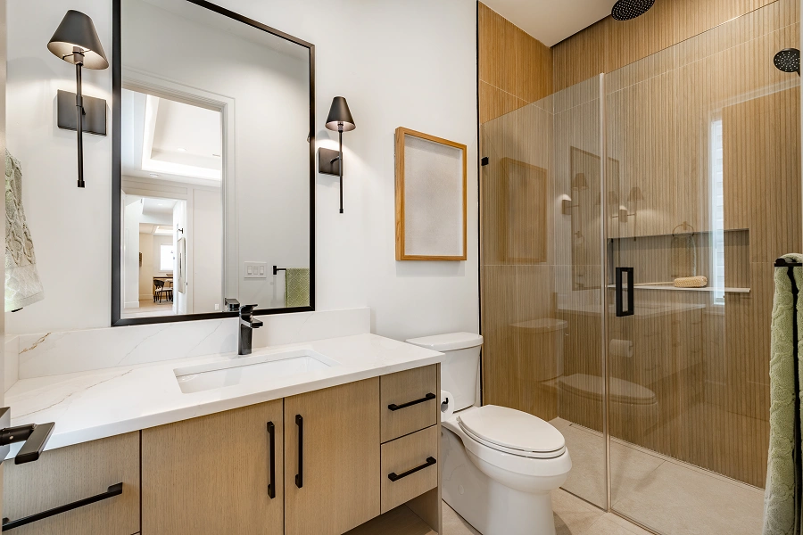Modern bathroom with glass shower and vanity.