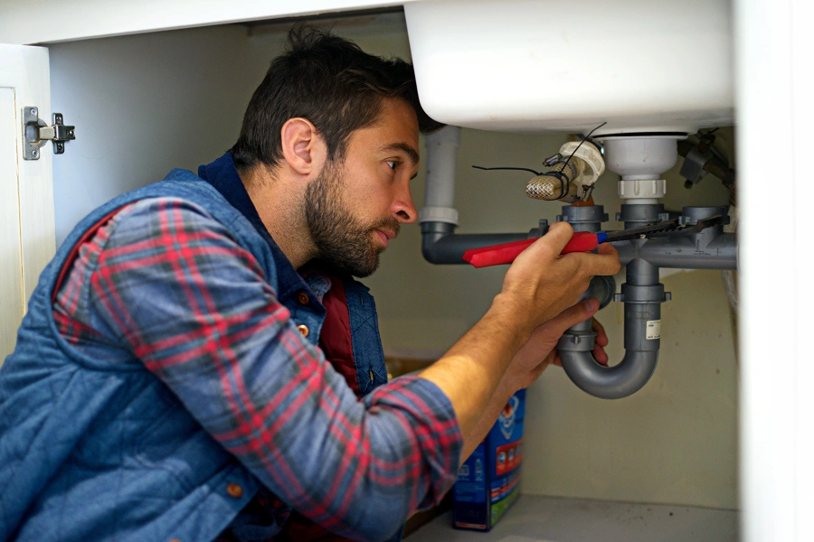 Man repairing plumbing under kitchen sink.