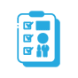Blue checklist icon on black background.