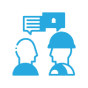 Two figures communicating, one wearing helmet.
