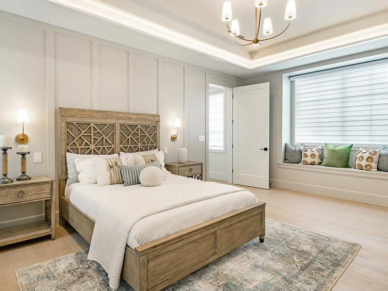 Modern bedroom with elegant wooden furniture.