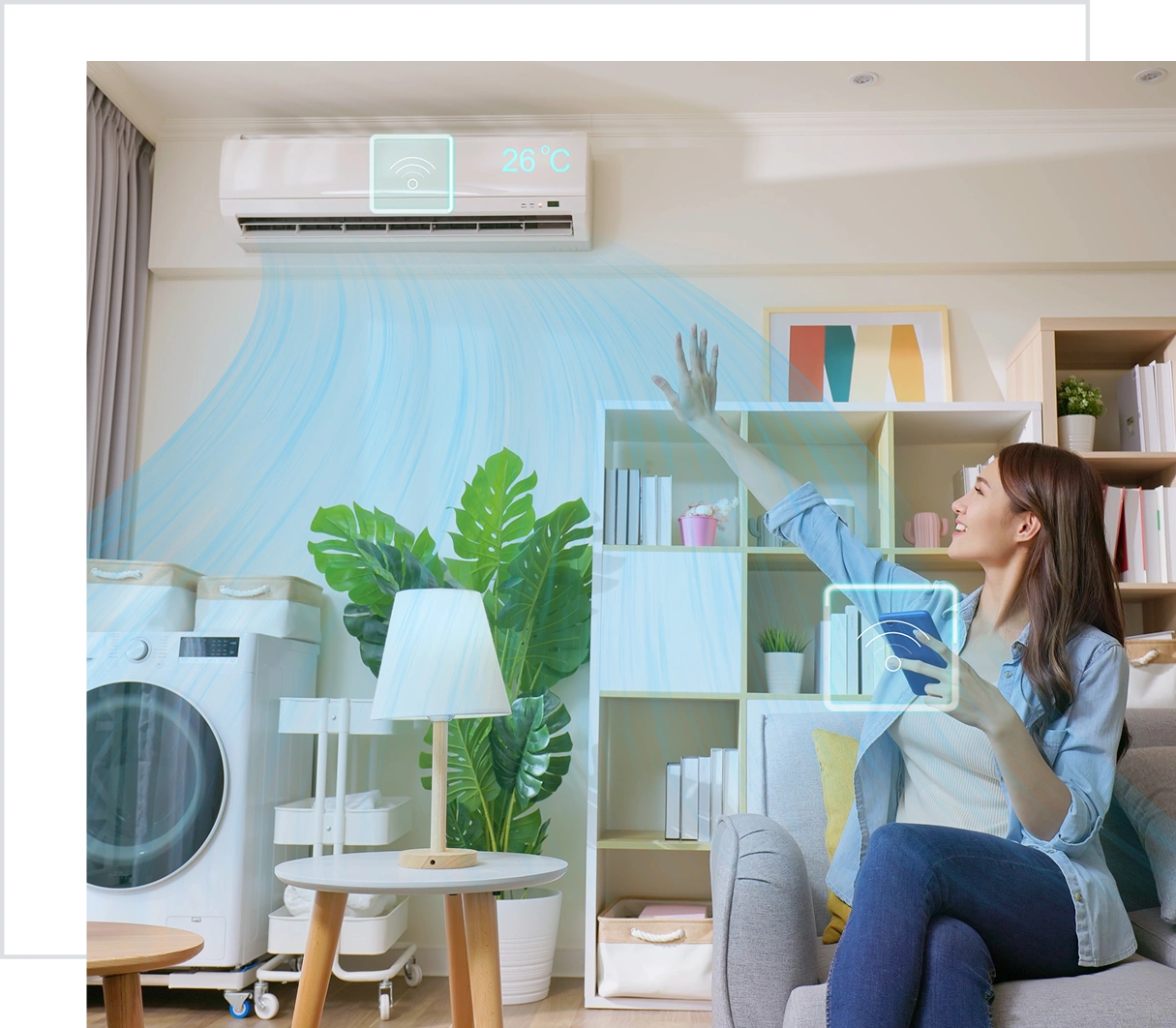 Woman adjusting air conditioner with remote control.