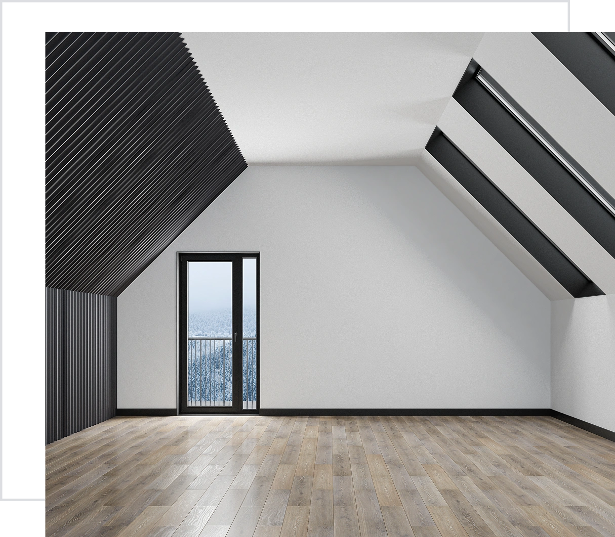 Modern attic with large windows and balcony.