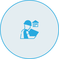Construction worker icon with house blueprint.