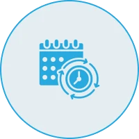 Calendar and clock icon inside blue circle.