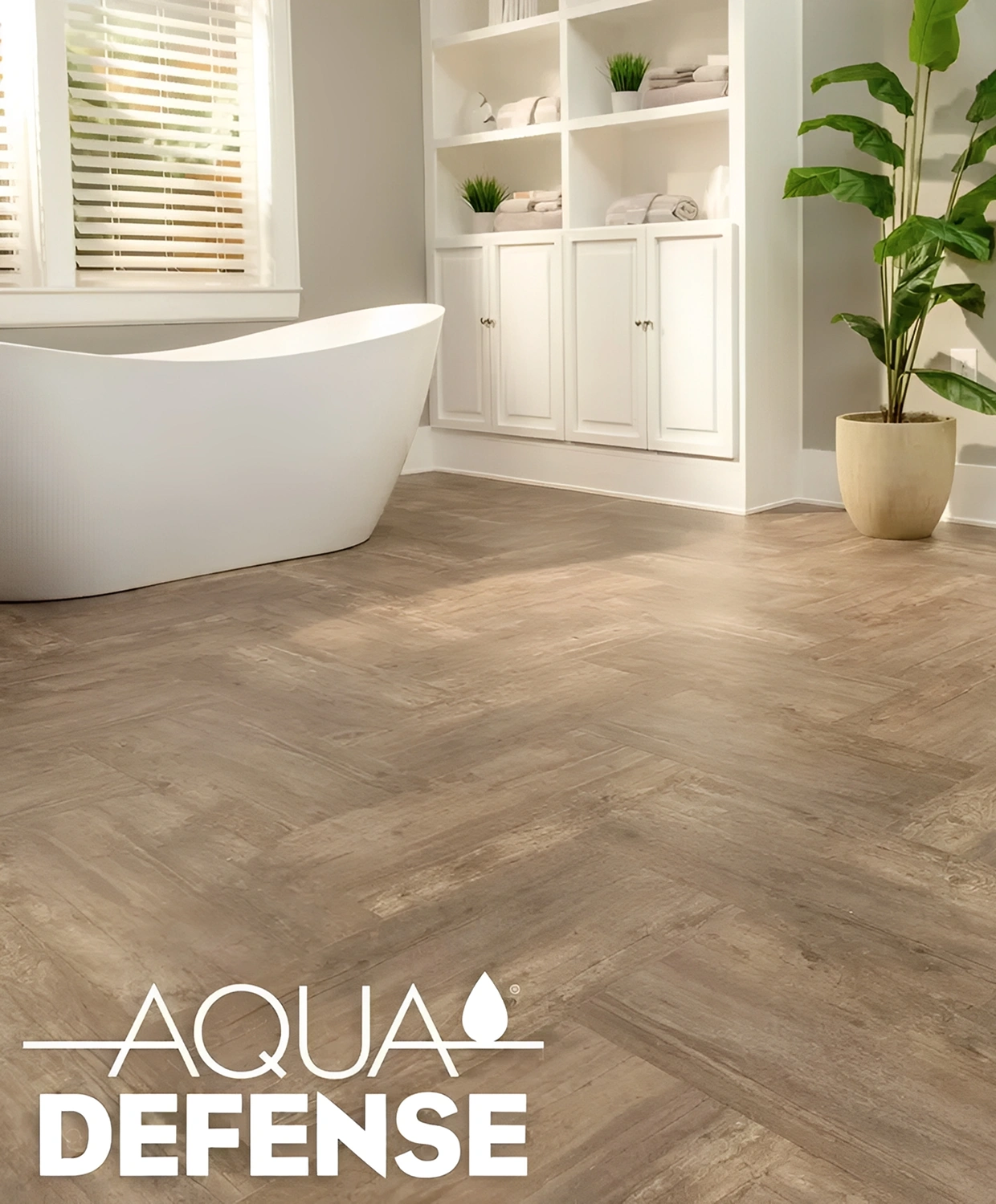 Modern bathroom with wooden flooring and bathtub.