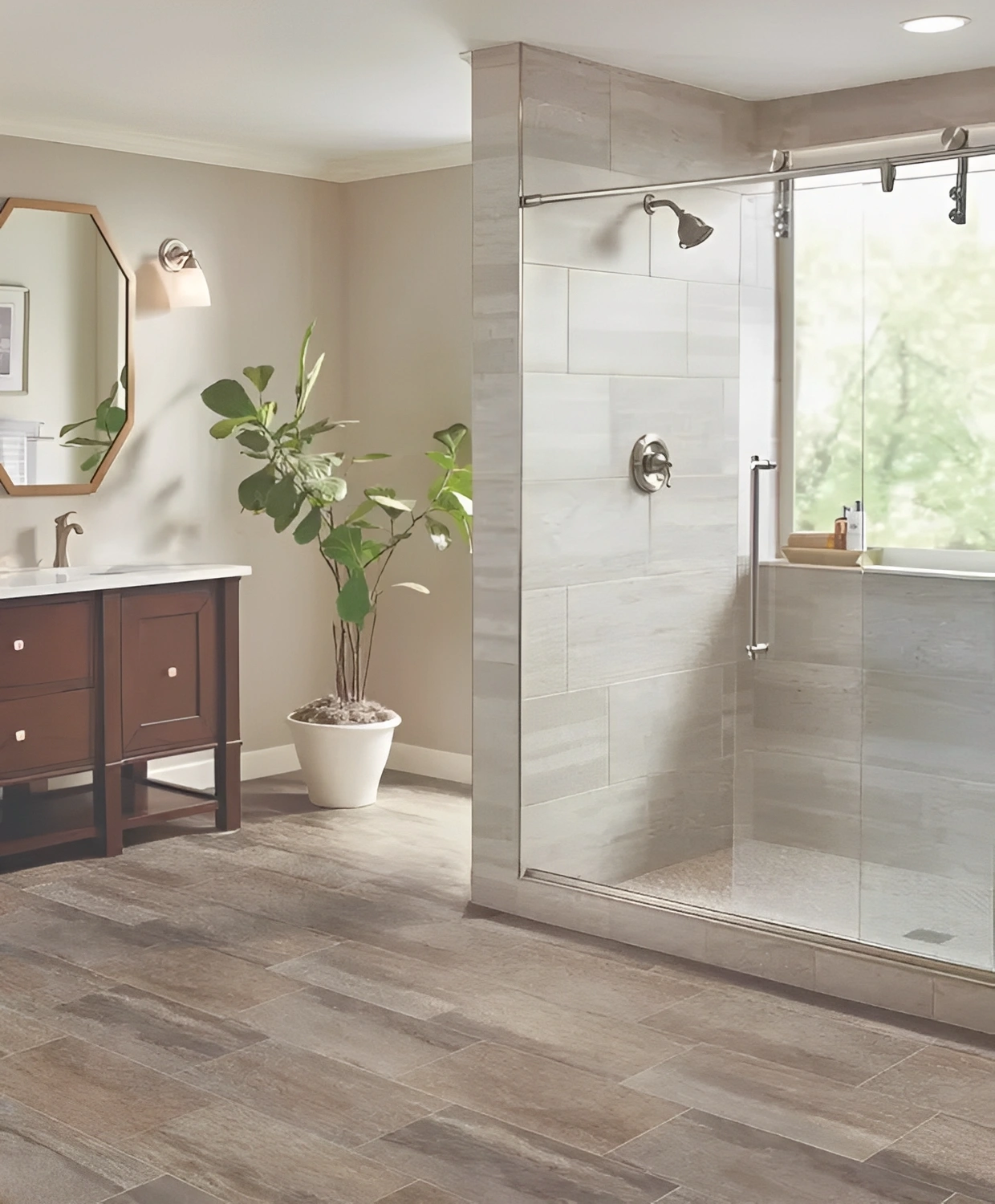 Modern bathroom with glass shower and vanity.