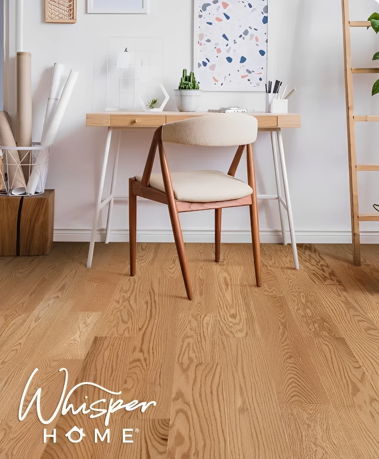 Modern workspace with wooden floor and chair.