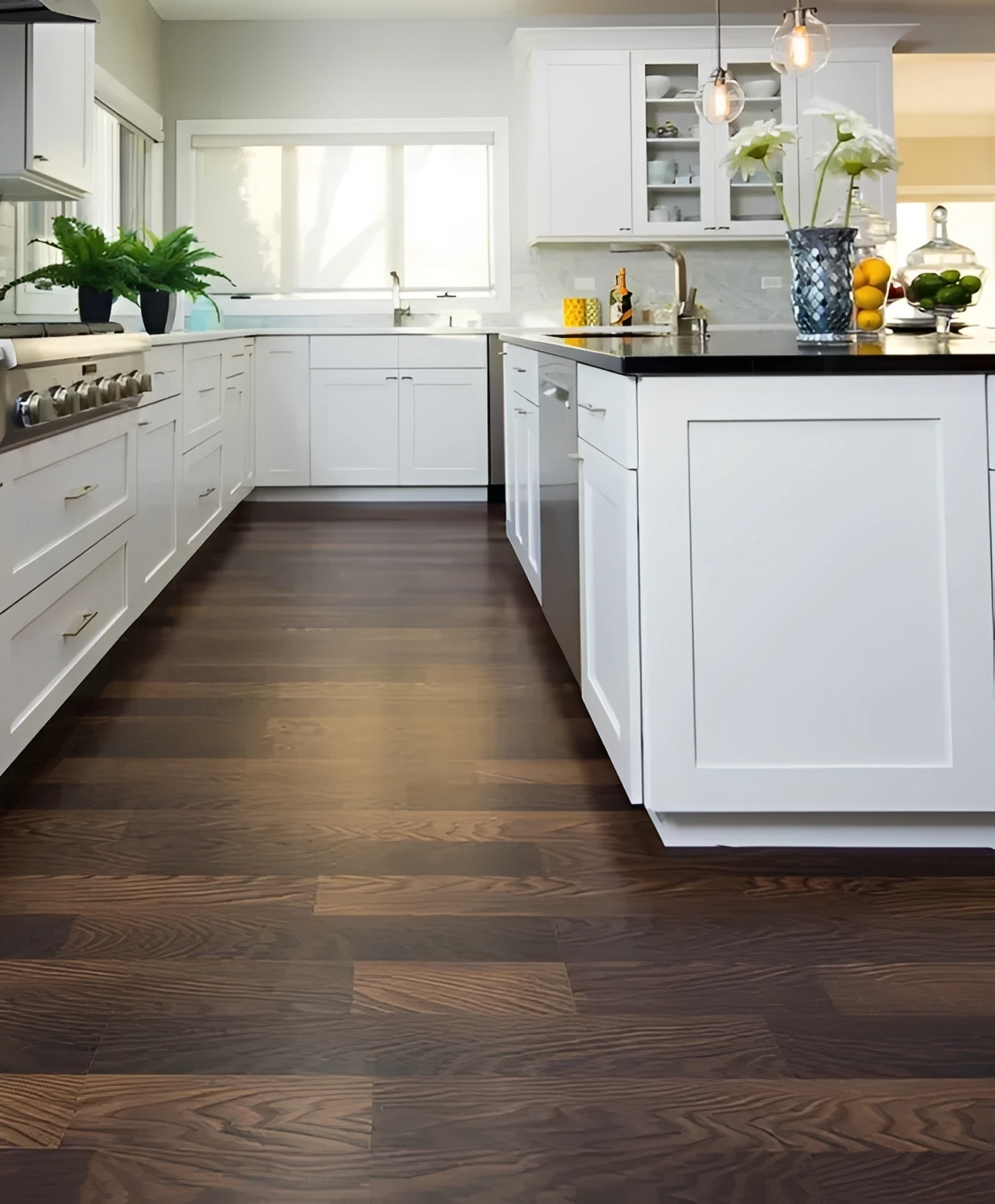 Modern kitchen with dark wood flooring.