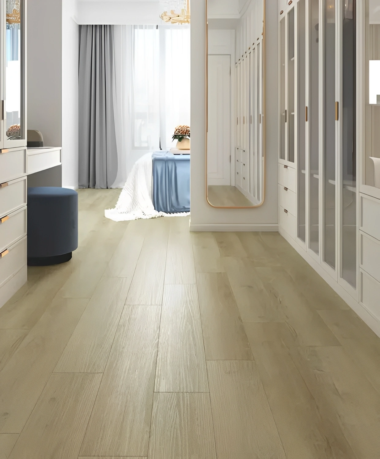 Modern bedroom with wooden flooring and mirror.