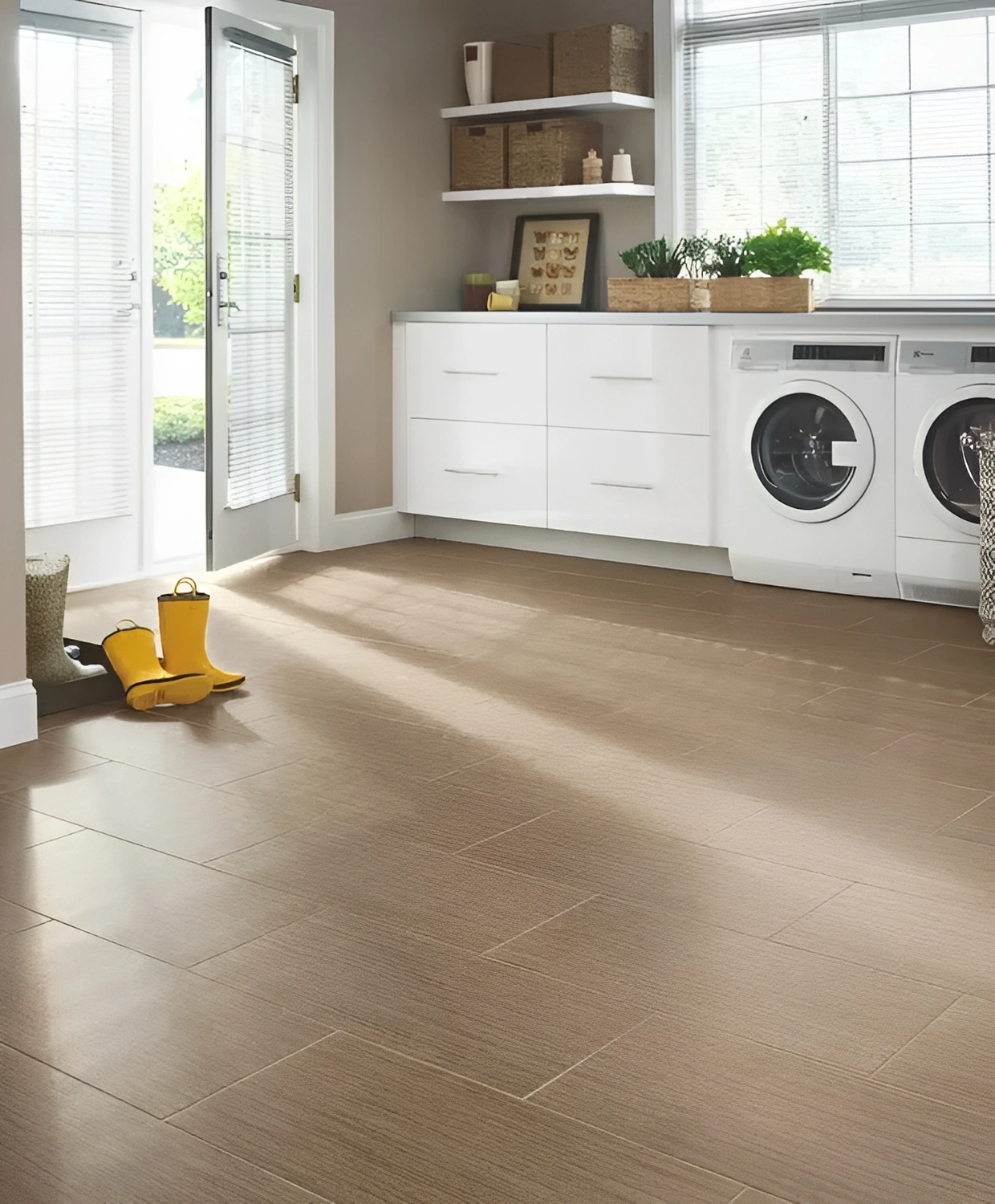 Laundry room with tiled floor and appliances.