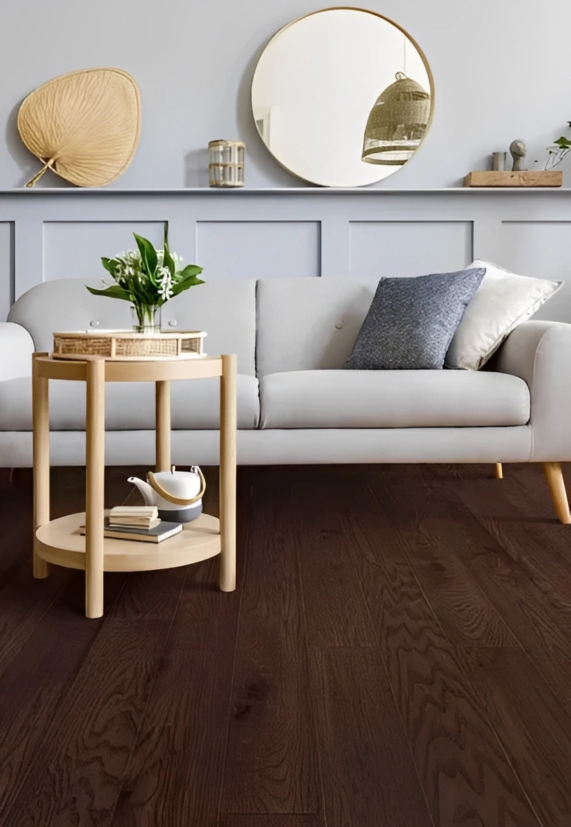 Modern living room with sofa and table.