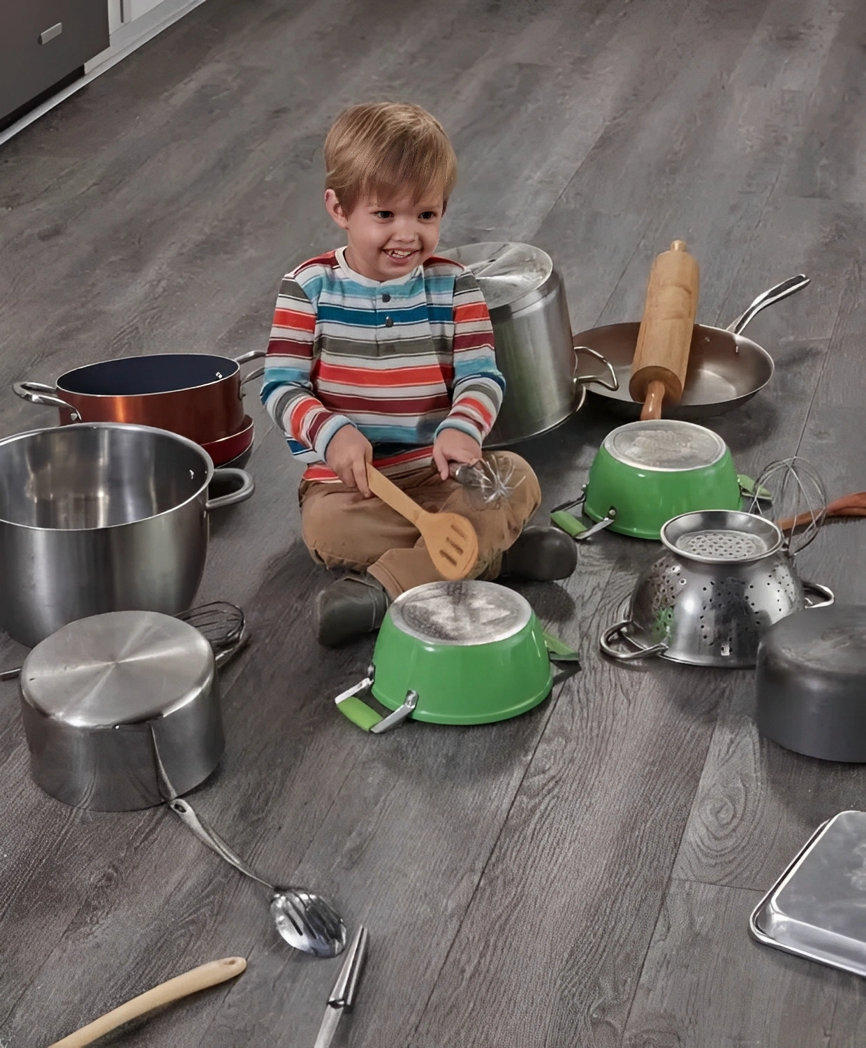 Child playing drums with kitchen pots.