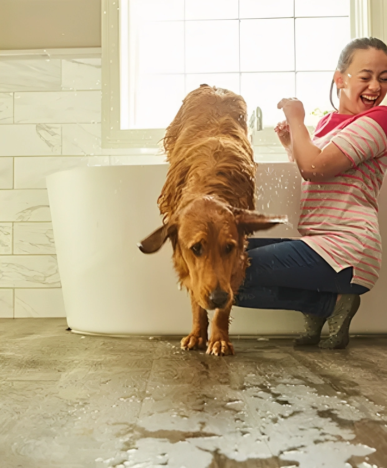 Dog shaking off water near smiling woman.