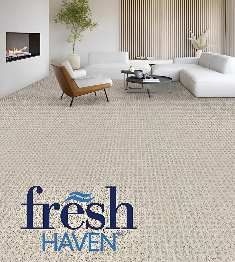 Modern living room with textured carpet flooring.