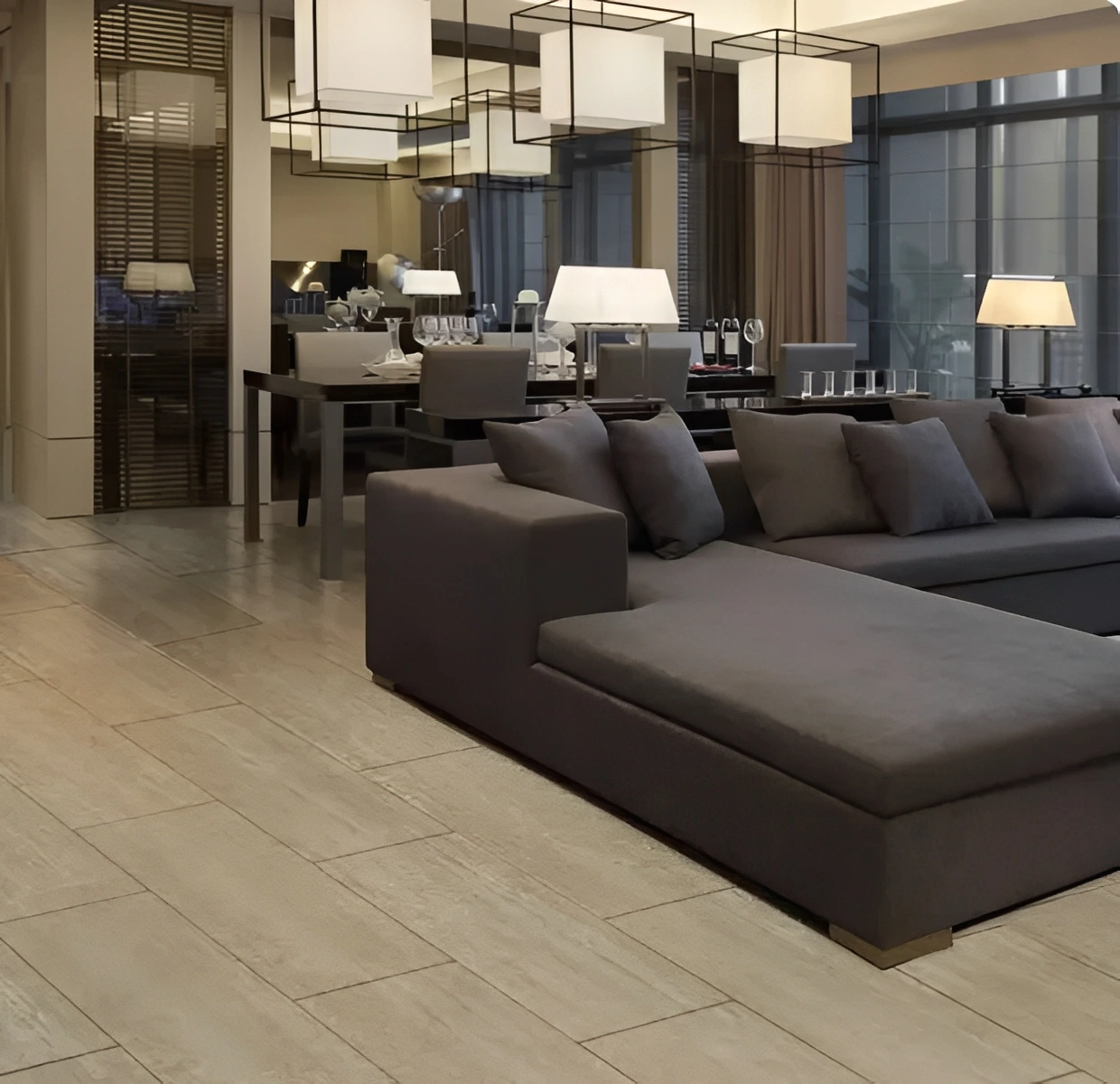 Modern living room with gray sectional sofa.