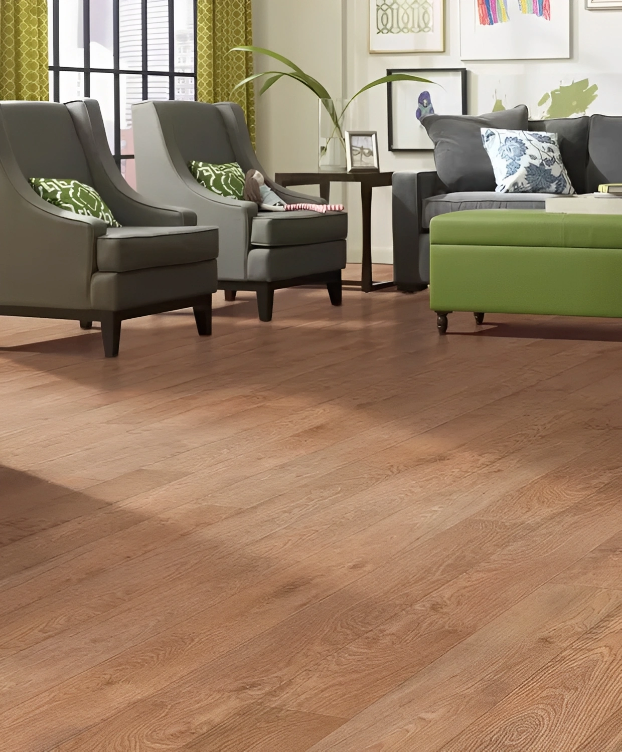 Modern living room with wooden floor.
