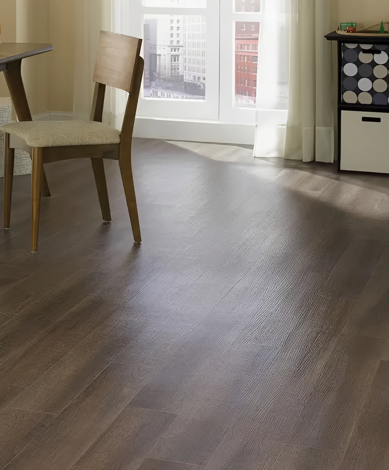 Wooden floor in bright, modern room.