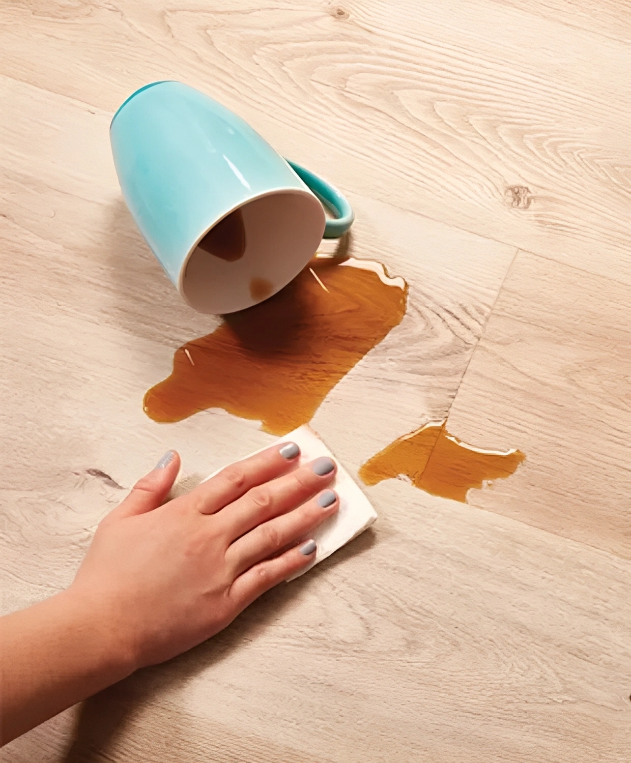Hand cleaning spilled drink on floor.